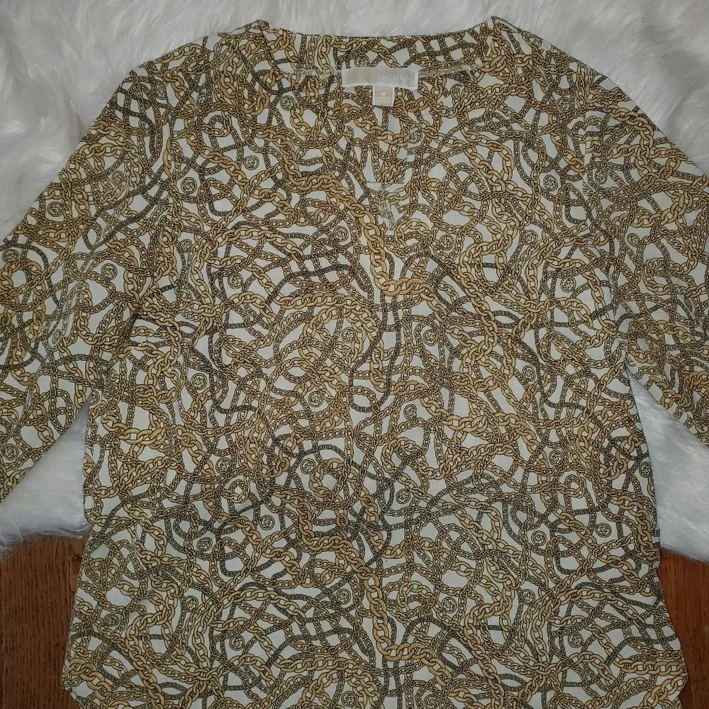 Michael Kors Brown and Cream Textured Blouse with Long Sleeves